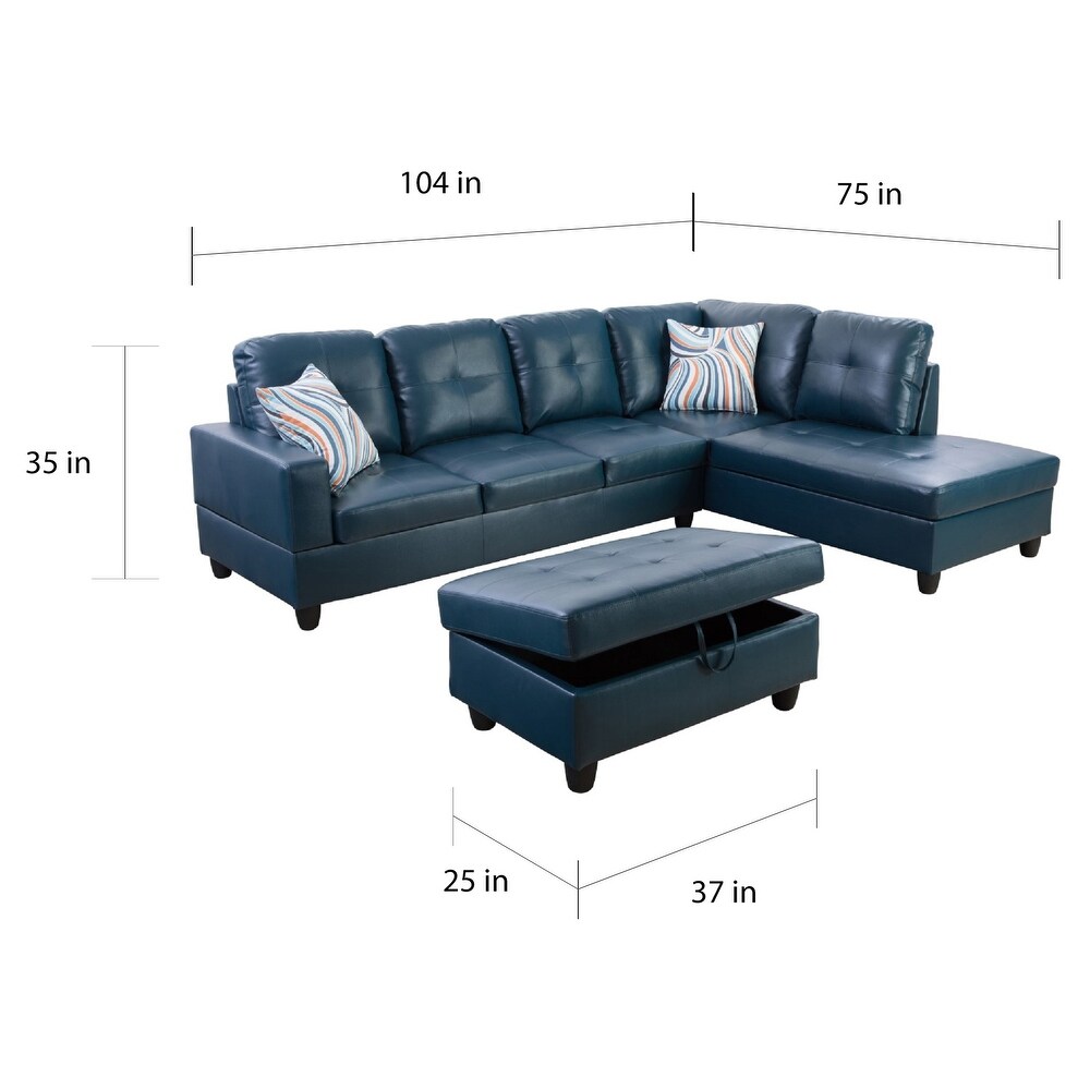 Denim Blue Faux Leather Right Facing 3 piece Sectional Sofa Set(9518B)