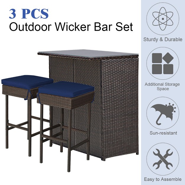 Costway Patio 3pcs Rattan Bar Table Stool Set Cushioned Chairs With Cover