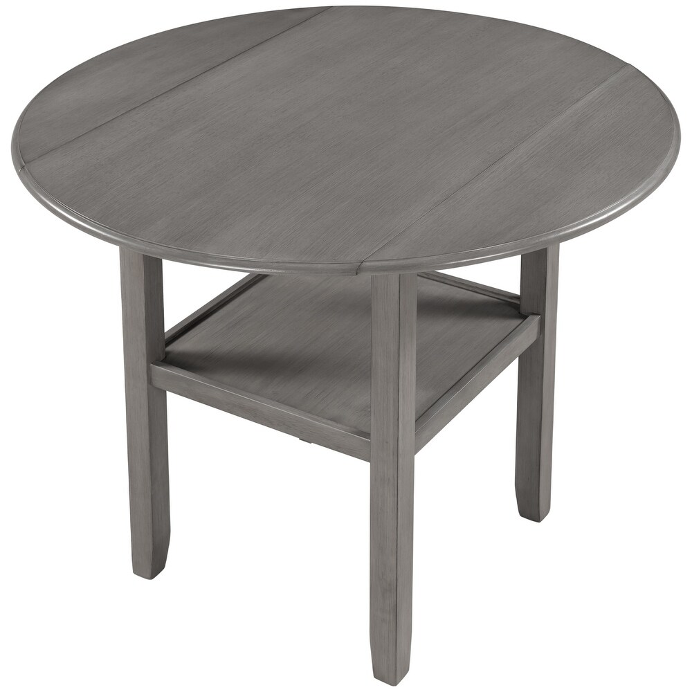 Round Counter Height Kitchen Dining Table with Drop Leaf and One Shelf