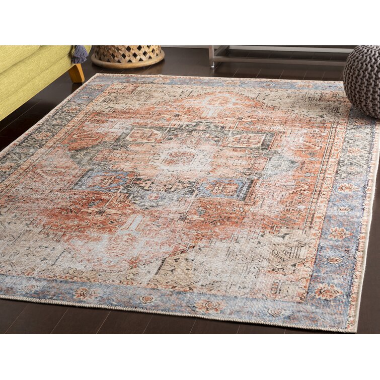 Mya Machine Washable Oriental Brick Red/Light Gray Area Rug