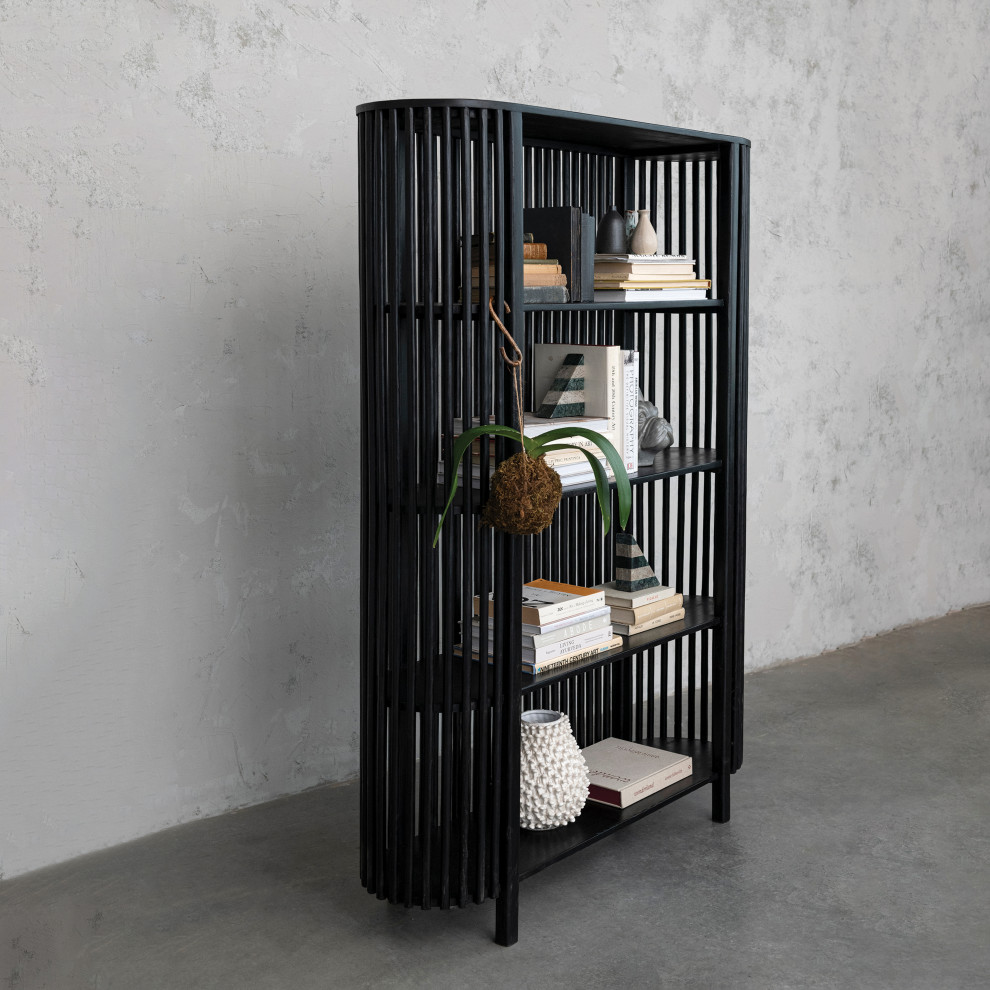 Modern Slatted Wood Console Table With 2 Shelves and Curved Edge  Black   Transitional   Bookcases   by Creative Co op  Houzz