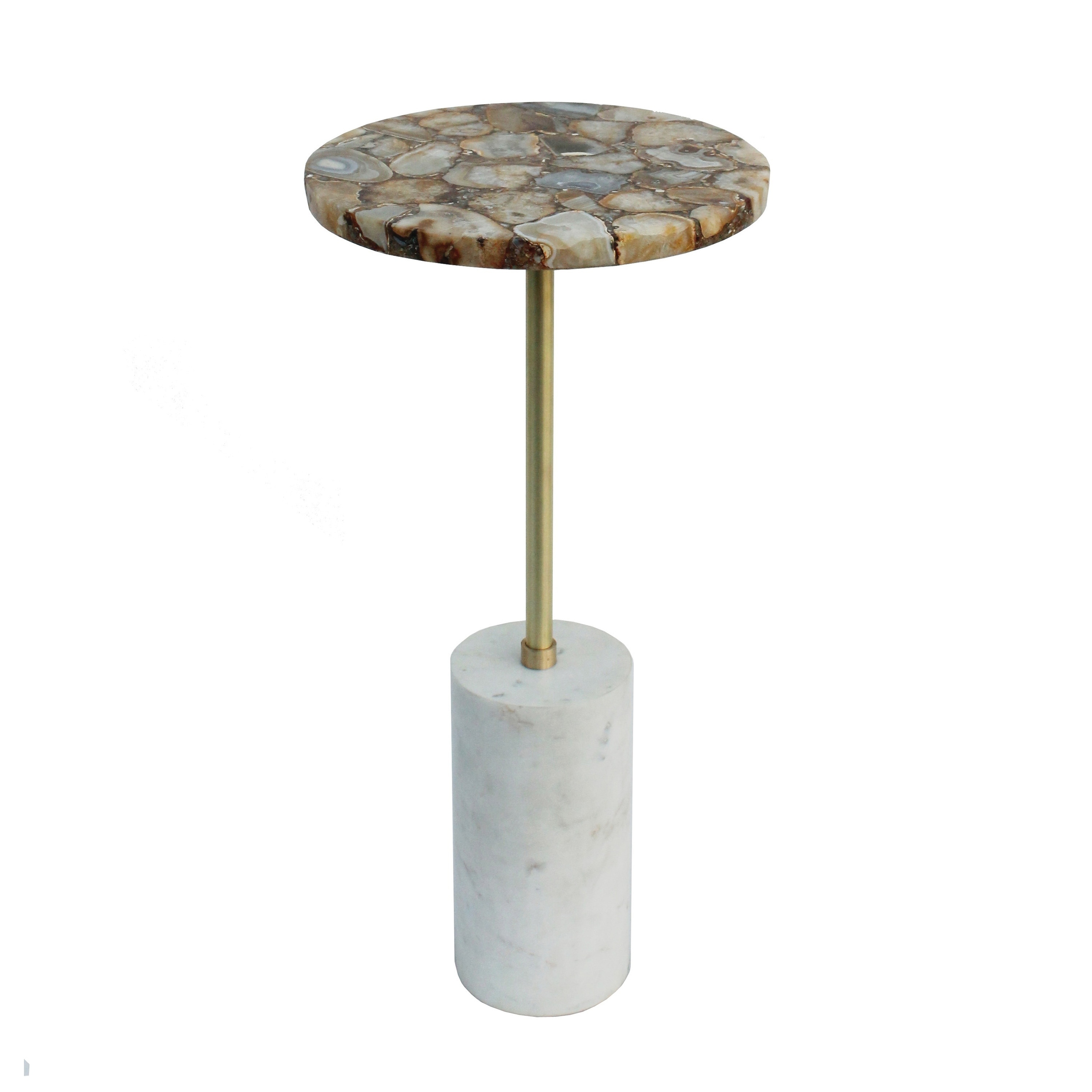 Gold Agate and Matte Brass with Cylindrical Marble Base Side Table