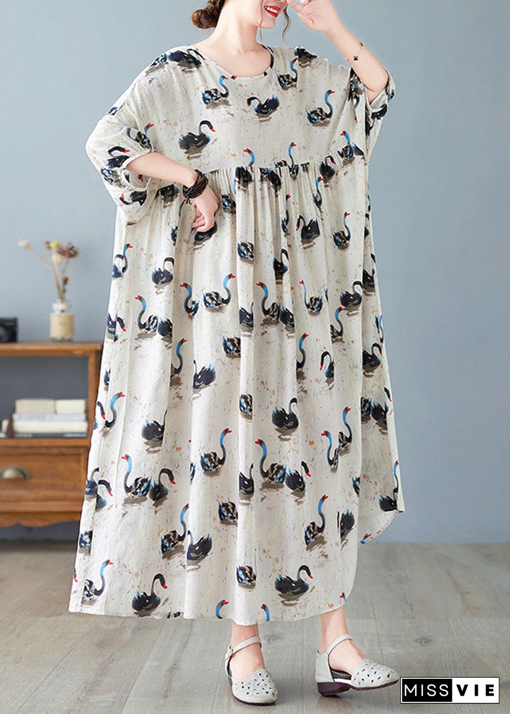 Handmade Black O-Neck Swan Print Patchwork Cotton Maxi Dresses Half Sleeve