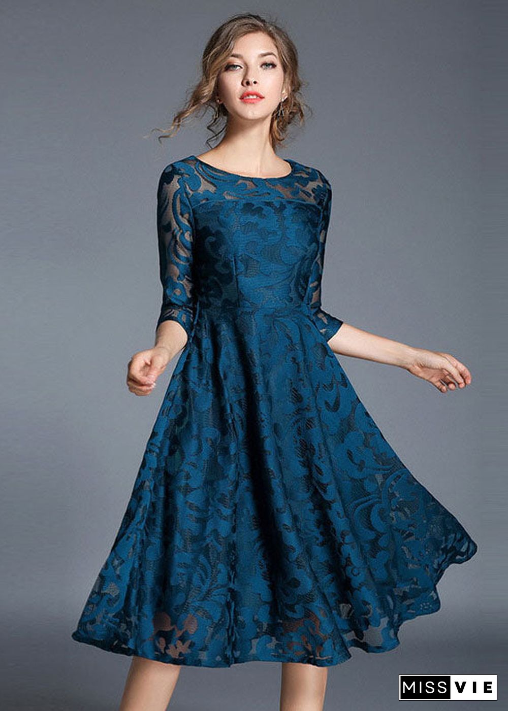 Women Blue Jacquard Wrinkled Patchwork Lace Mid Dress Summer