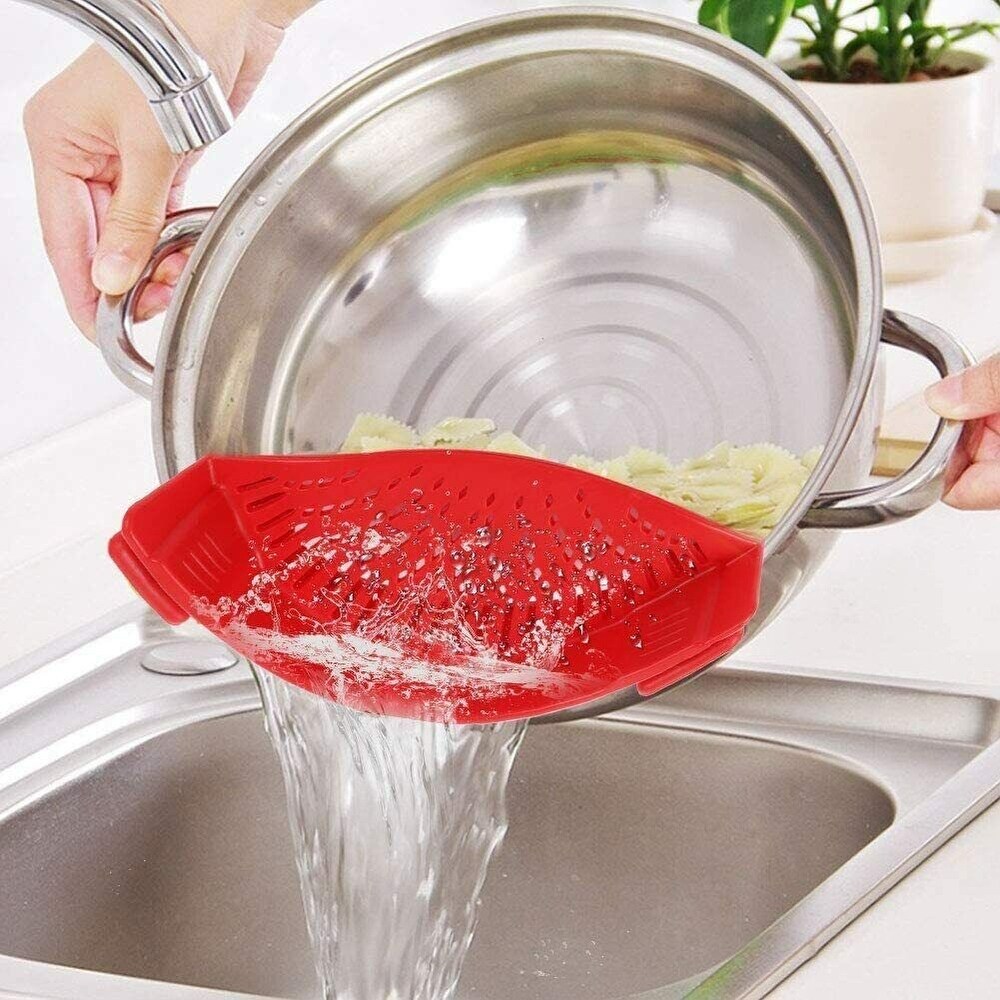 Red Kitchen Pot Pan Drainer with Handle Pasta Noodle Strainer