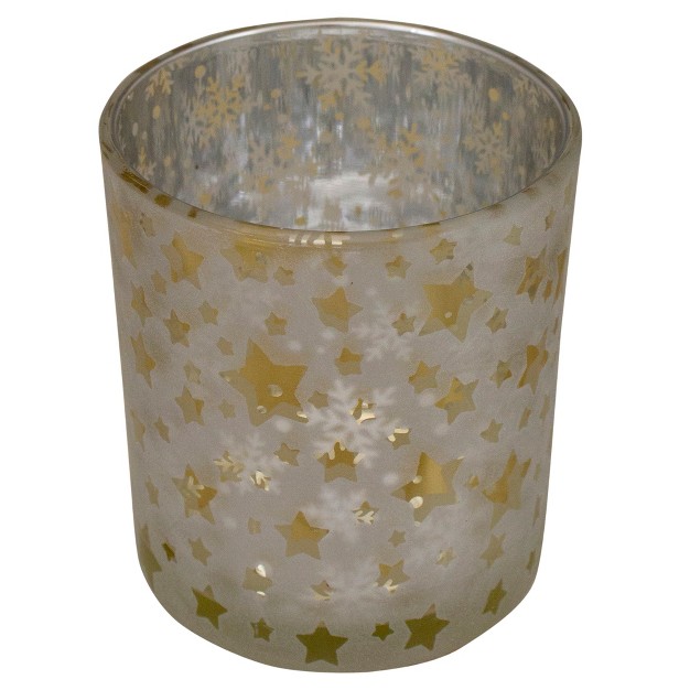 Matte Silver And Gold Stars And Snowflakes Flameless Glass Candle Holder