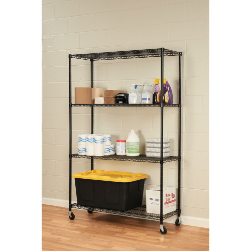 Alera NSF Certified 4-Shelf Wire Shelving Kit with Casters， 48w x 18d x 72h， Black (SW604818BL)