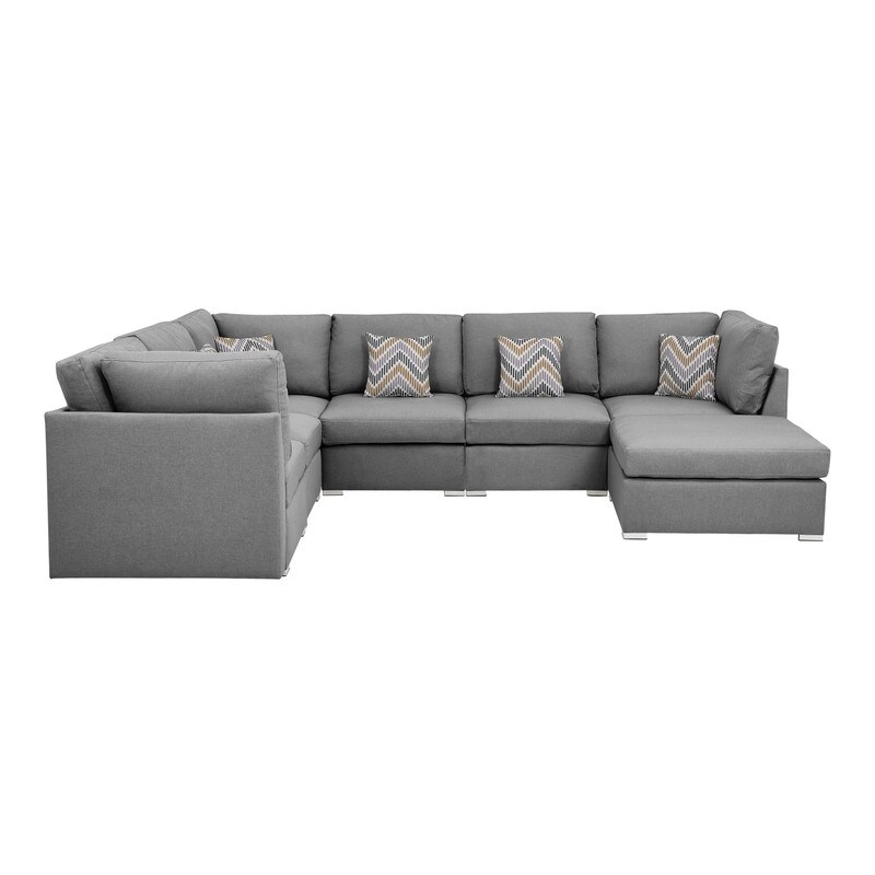 7Pc Modular Sectional Sofa  Reversible Fabric Sofa Chaise with 6 Accent Pillows and Removable Seat and Back Cushions