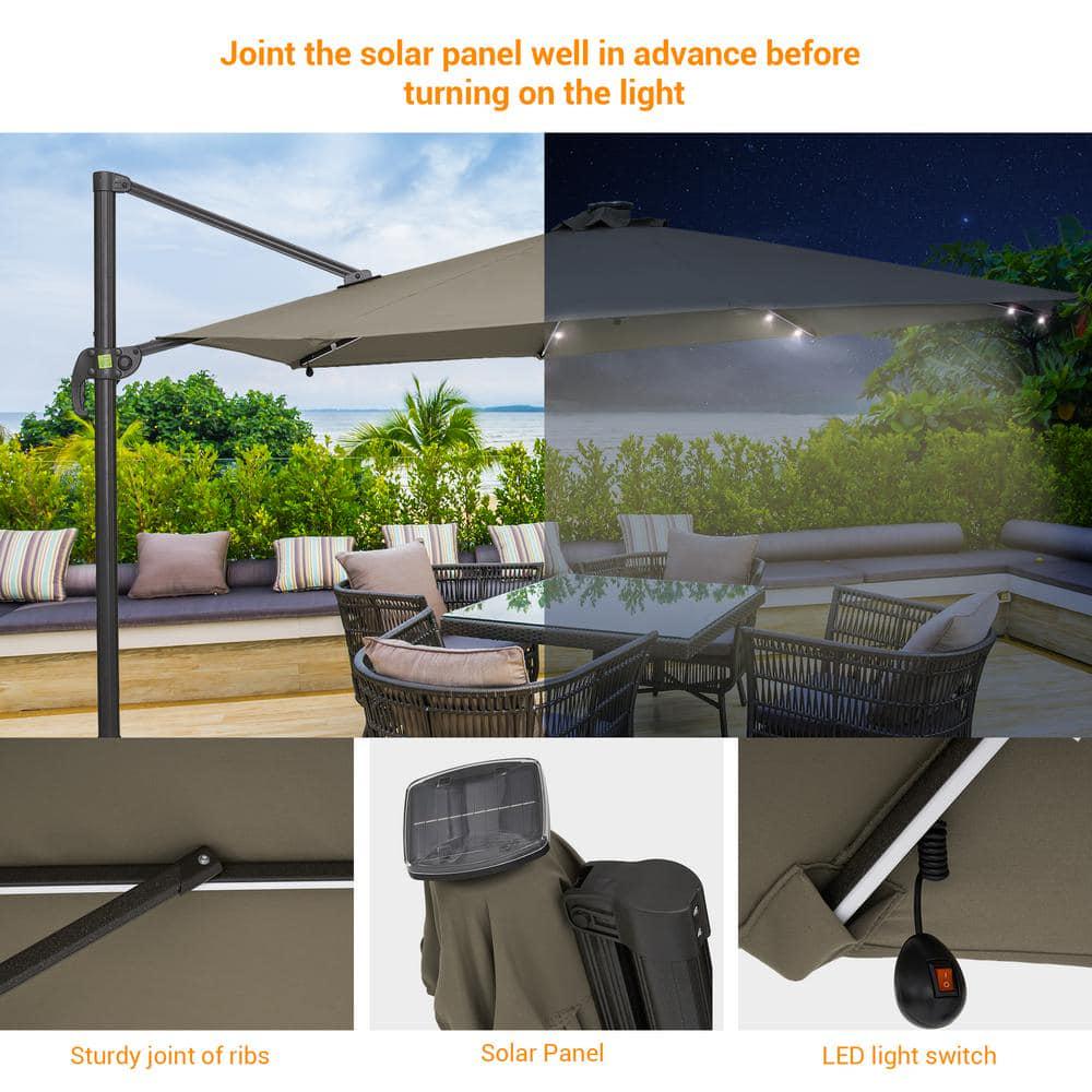 JOYESERY 10 ft Solar LED Cantilever Patio Umbrella with Cross Base Outdoor Offset Hanging 360° in Taupe