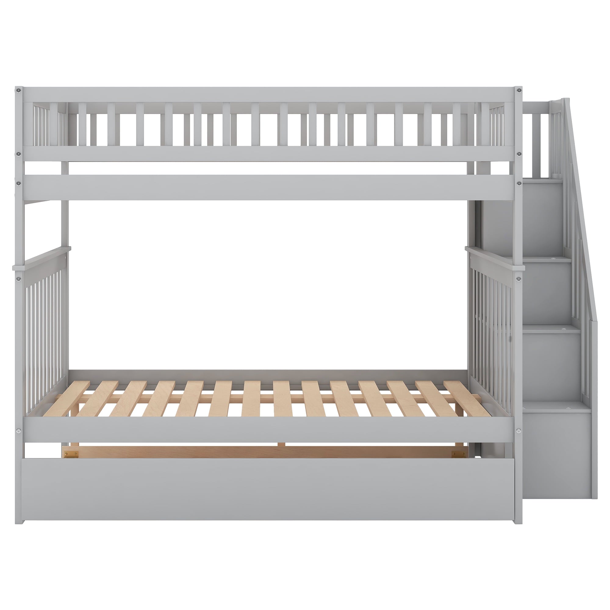 Euroco Full over Full Bunk Bed with Trundle and Storage Shelves for Kids, Gray