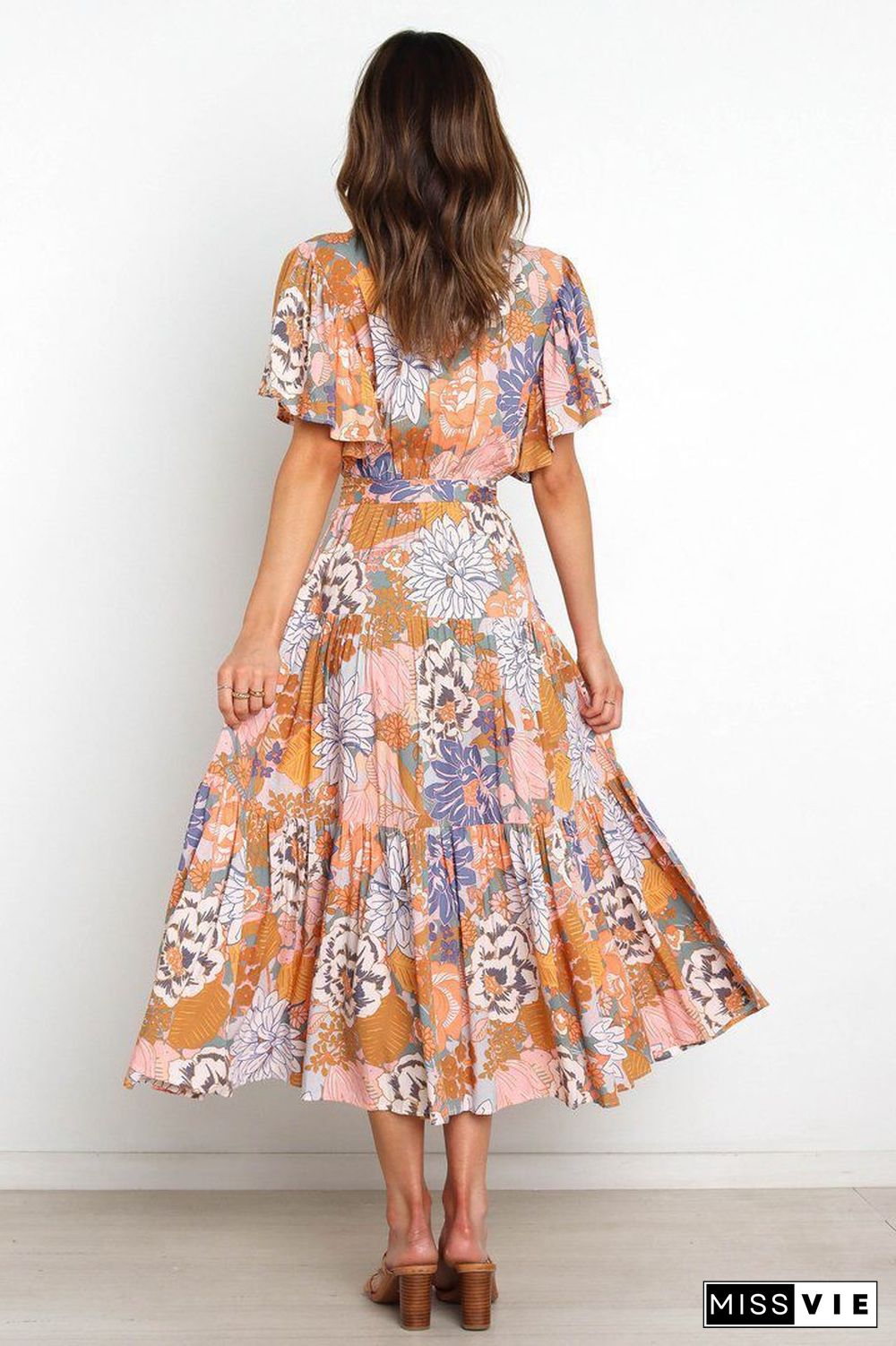 Floral V Neck Short Sleeve Maxi Dress