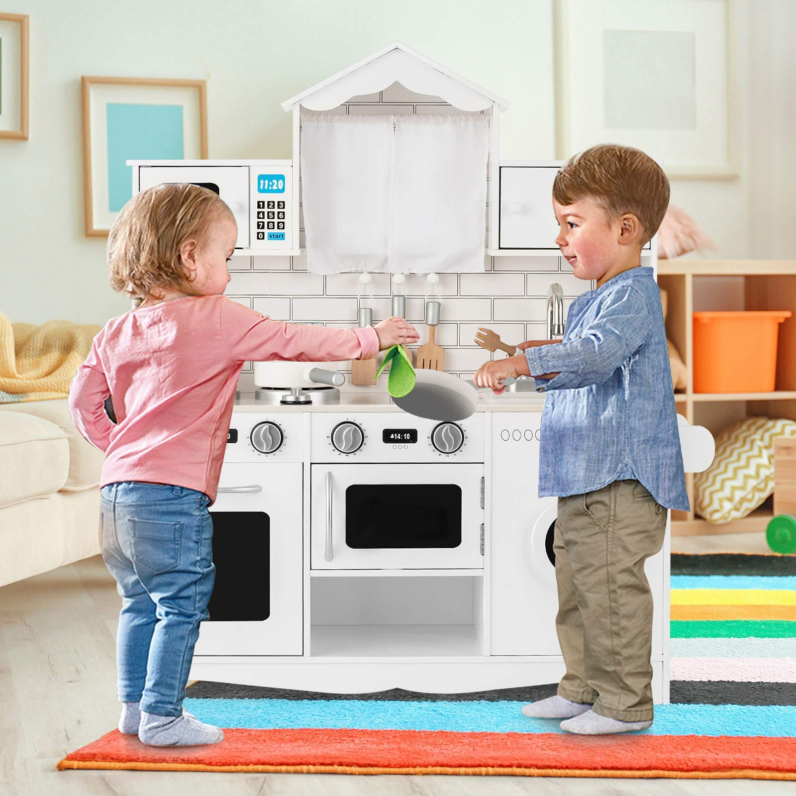 Costzon Kids Kitchen Playset, Wooden Pretend Play Toys w/ Washing Machine (White)