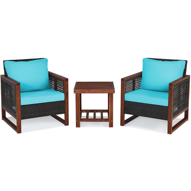 3 Pieces Patio Wicker Furniture Set with Washable Cushion and Acacia Wood Coffee Table