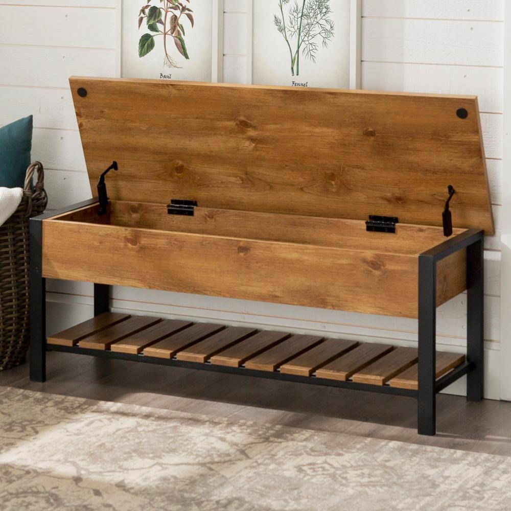 Walker Edison Furniture Company 48 in. Barnwood Open-Top Storage Bench with Shoe Shelf HD48PCSBBW