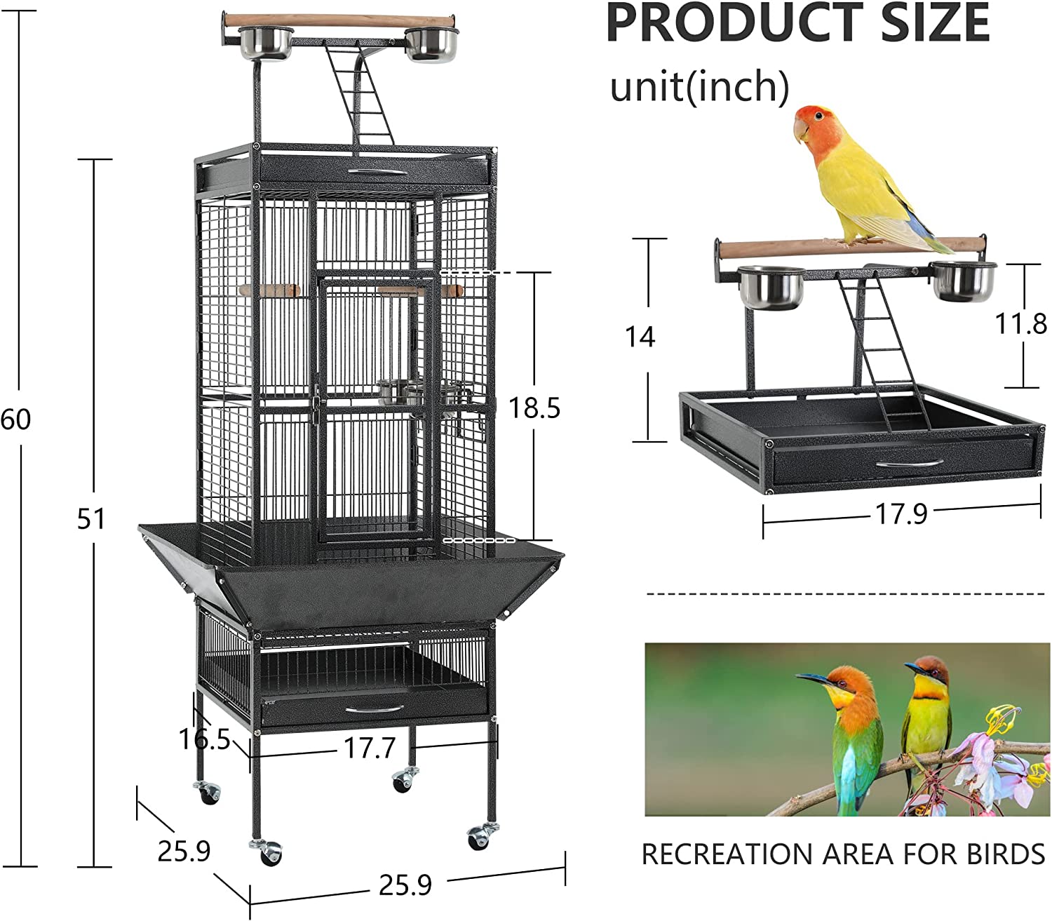 YRLLENSDAN 61-inch Wrought Iron Large Bird Cage with Play Top and Rolling Stand Parrot Cage Bird Cages， Black