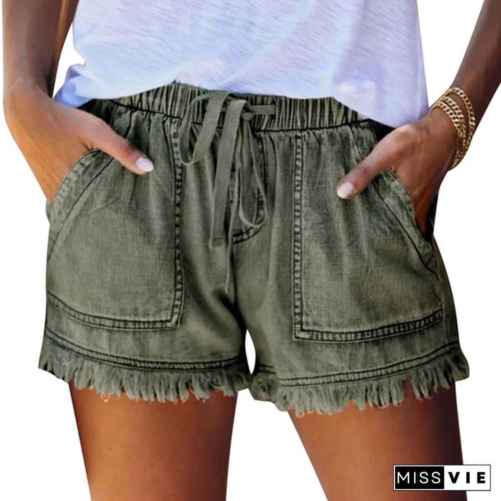 Ladies Elastic Waist Casual High Waist Slim Thin Denim Shorts Hot Pants