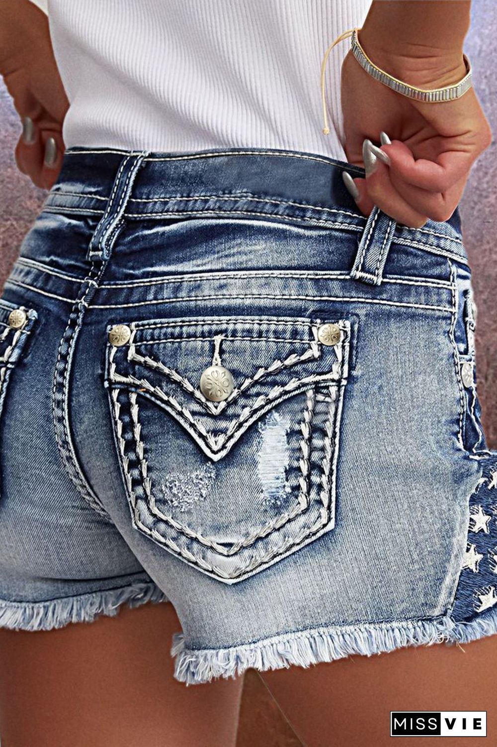 Star & Striped Embroidered Ripped Raw Hem Denim Shorts