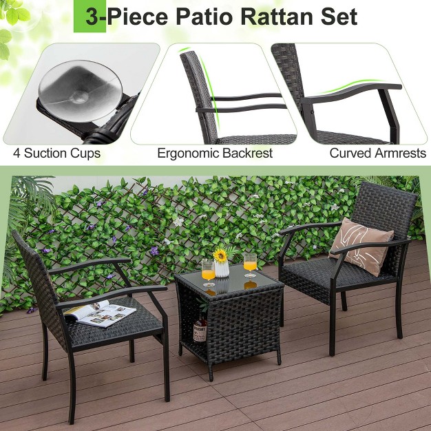 Costway 3 Pcs Patio Conversation Set Wicker Chair Tempered Glass Table Cushioned Seat Quick Dry Foam