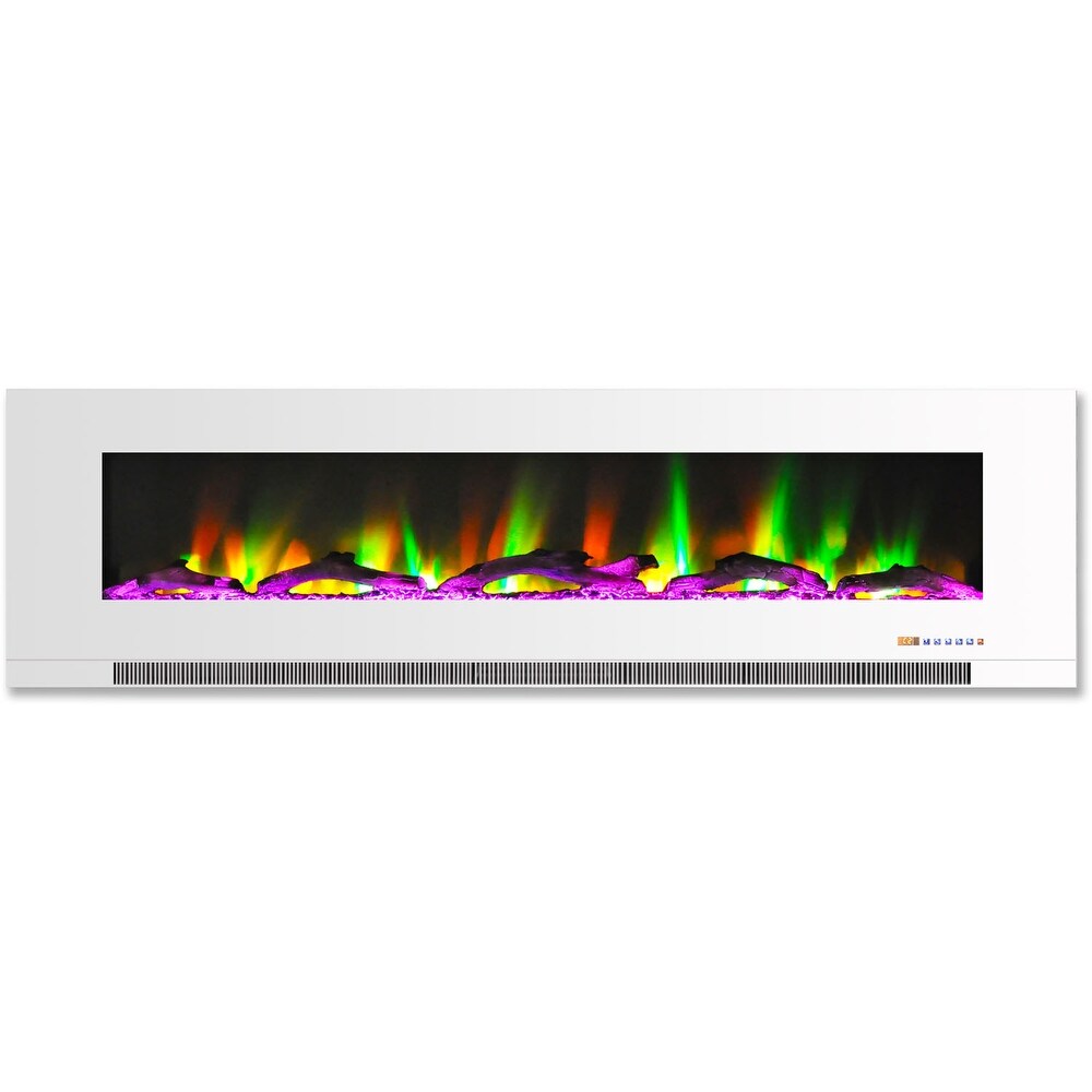 Hanover 60 In. Wall Mount Electric Fireplace in White with Multi Color Flames and Driftwood Log Display