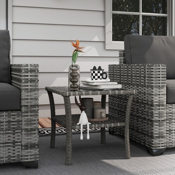 Rattan Side Table，Outdoor End Table with Storage Shelf，Aluminum Frame Square，Coffee Table with Tempered Glass Top