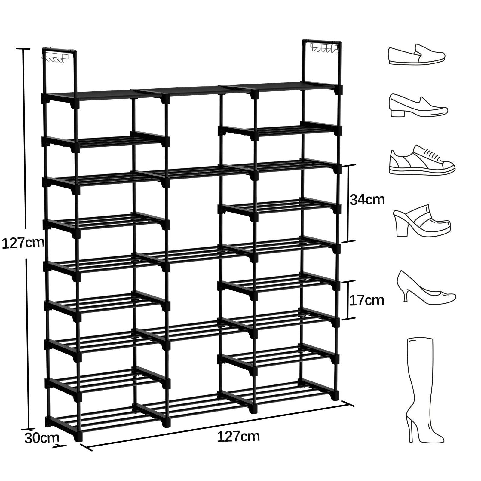 BIGLUFU Shoe Rack， Metal Shoe Organizer with 3 Rows 9 Tiers Shoe Shelf Organizer for Entryway Holds 50-55 Pairs Shoe and Boots Large Shoe Shelf for Closet Bedroom Hallway（Black ）