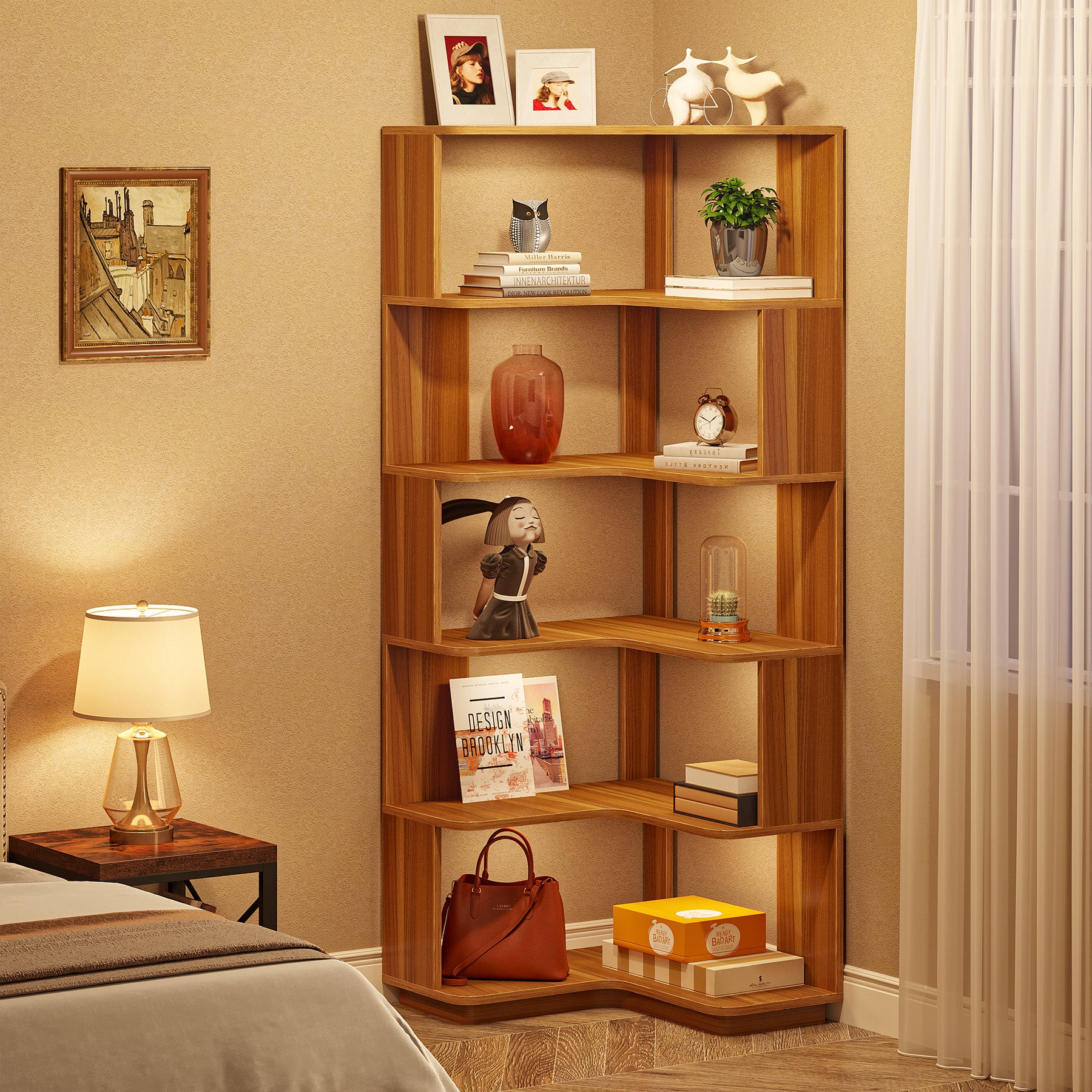 6-Tier Corner Bookshelf, 64.96 Corner Bookcase with Anti-Drop Panel