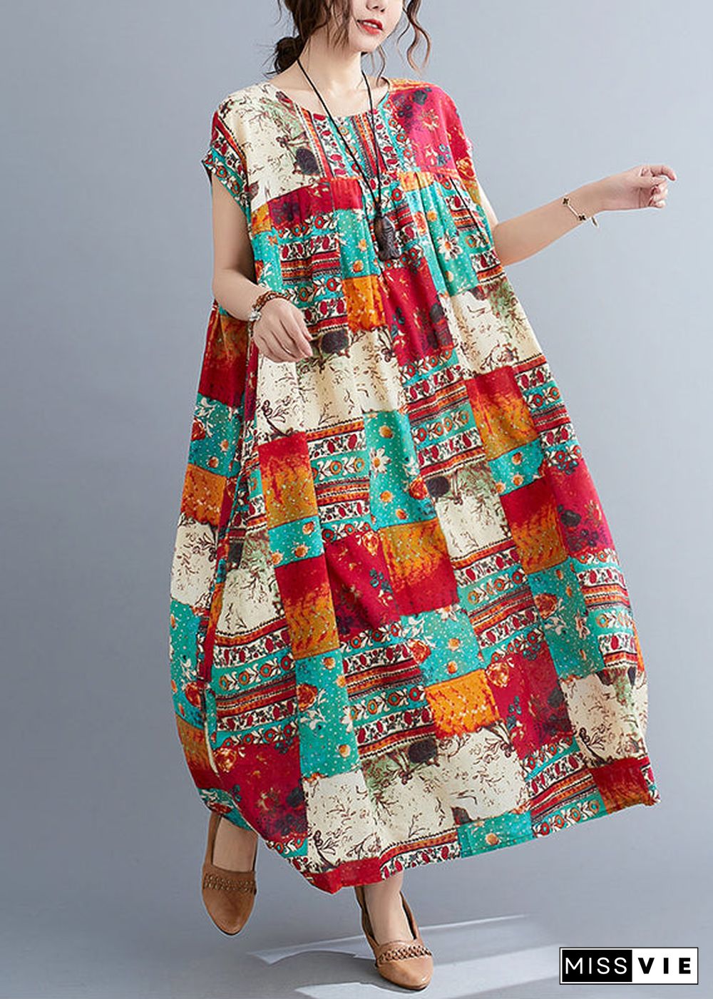 Plus Size O-Neck Patchwork Print Long Dresses Short Sleeve