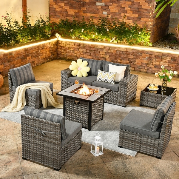 OVIOS Patio Wicker Furniture Wide Arm 7piece Fire Pit Set with Table