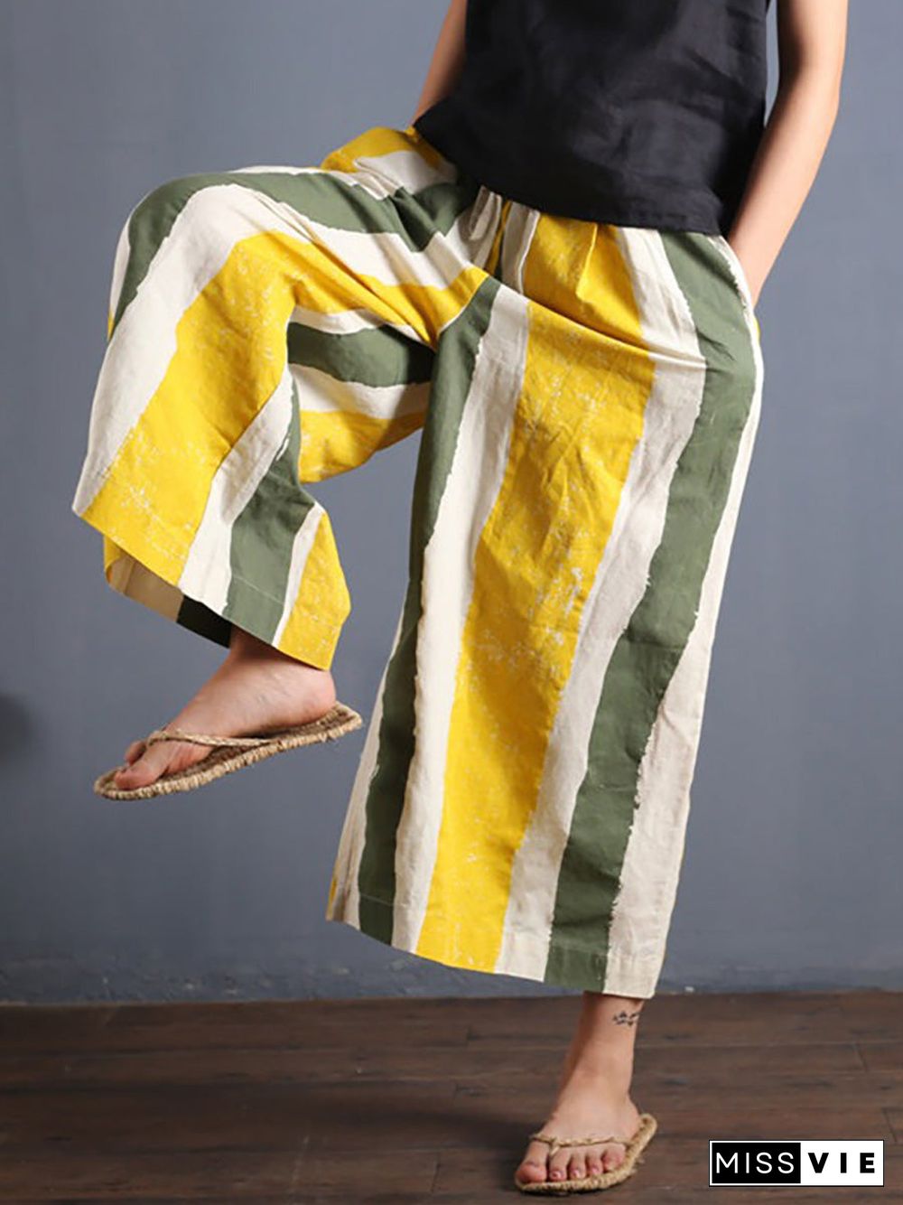 Plus Size - Summer Colored Stripe 100% Linen Wide Leg Pants