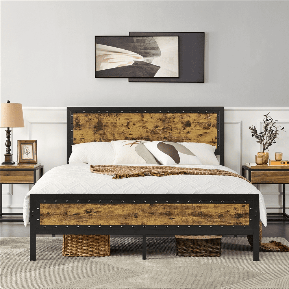 SMILE MART Industrial Metal Platform Bed with Wooden Headboard and Footboard, Rustic Brown, Queen