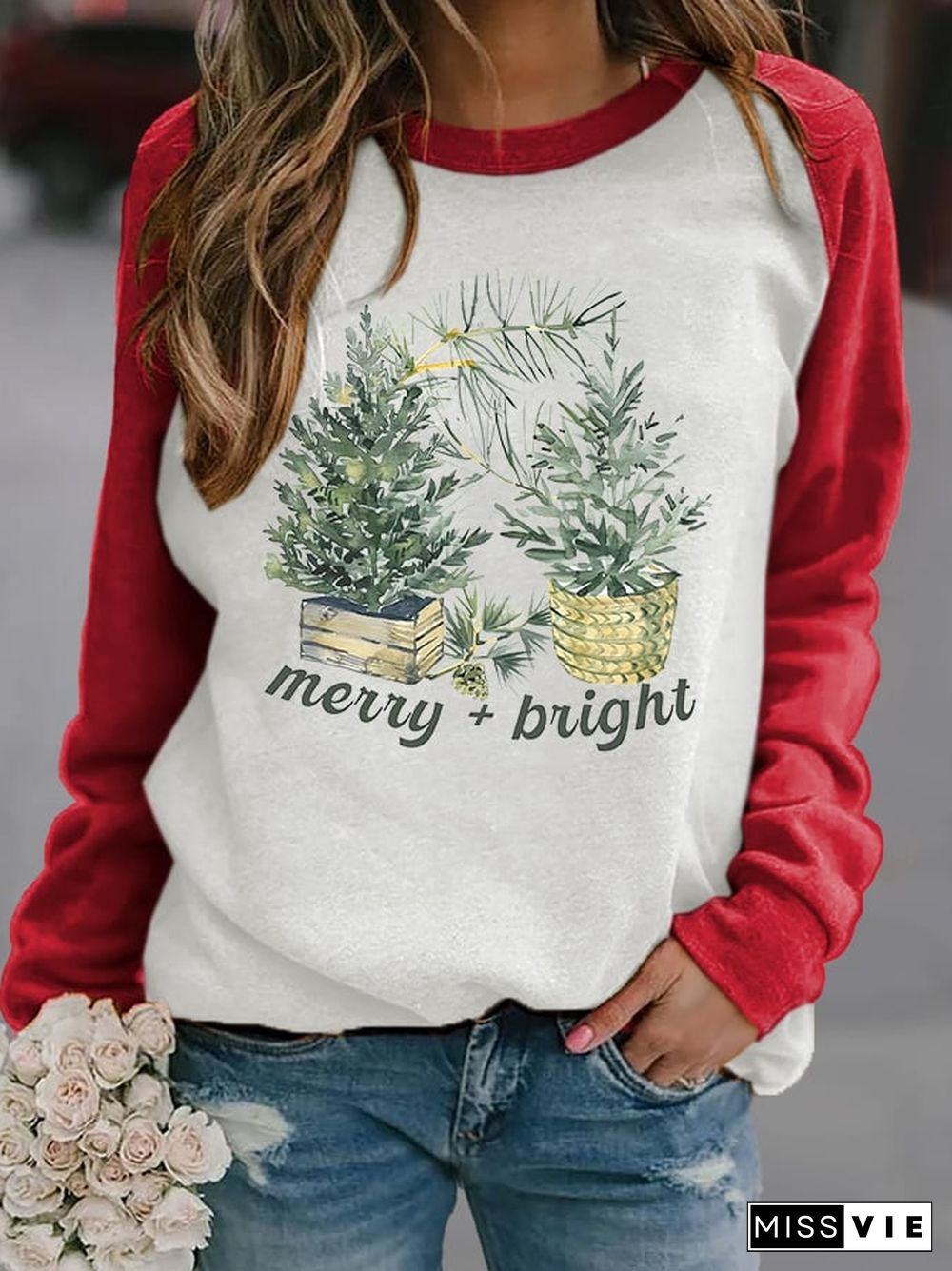 Women's Casual Merry & Bright Print Long Sleeve Sweatshirt