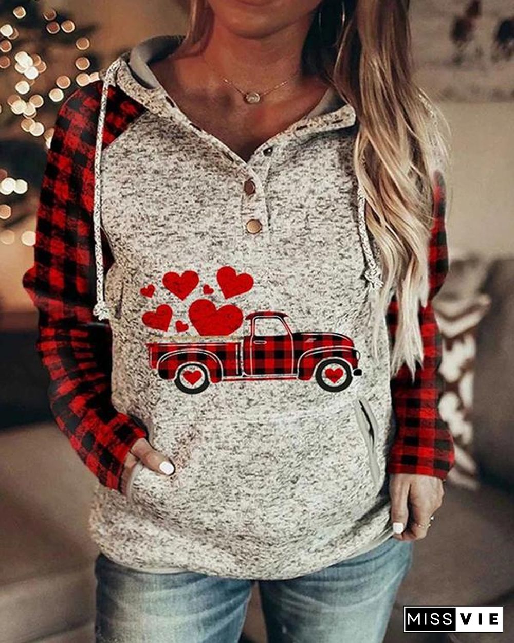 Women's Color-block Plaid Long-sleeve Pocket Hoodie