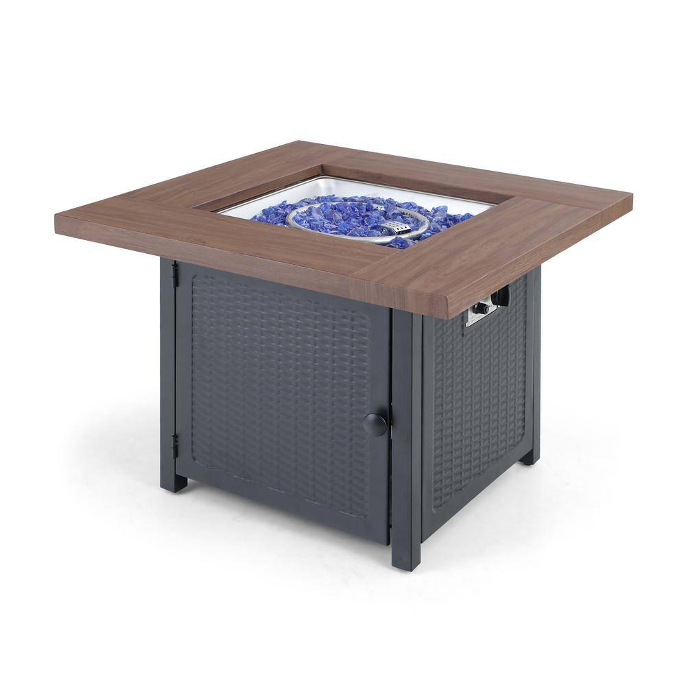 PHI VILLA 33.9 in. W x 25.2 in. H Square Wood-like Metal Steel Gas Fire Pit Table with Cover and 50000 BTU Burner THD-E02GS002