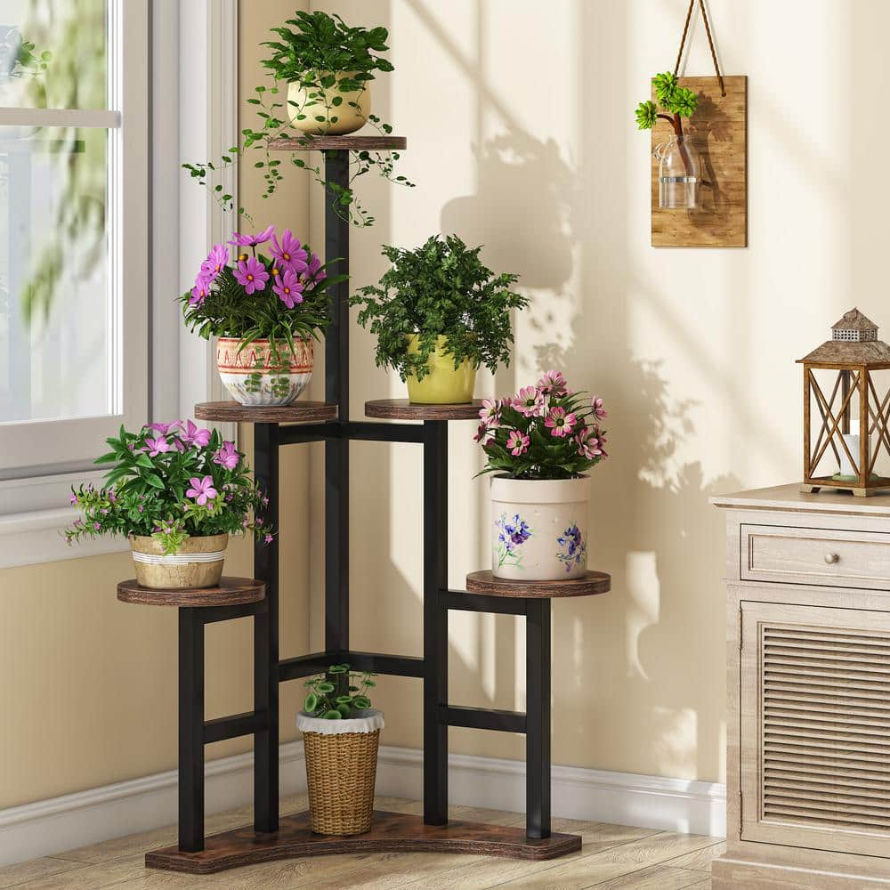 BYBLIGHT Wellston 43.7 in. Rustic Brown Round Wood Corner Plant Stand Indoor， 6 Tier Plant Shelf Flower Stand Tall Potted Plant BB-ZHS007XF