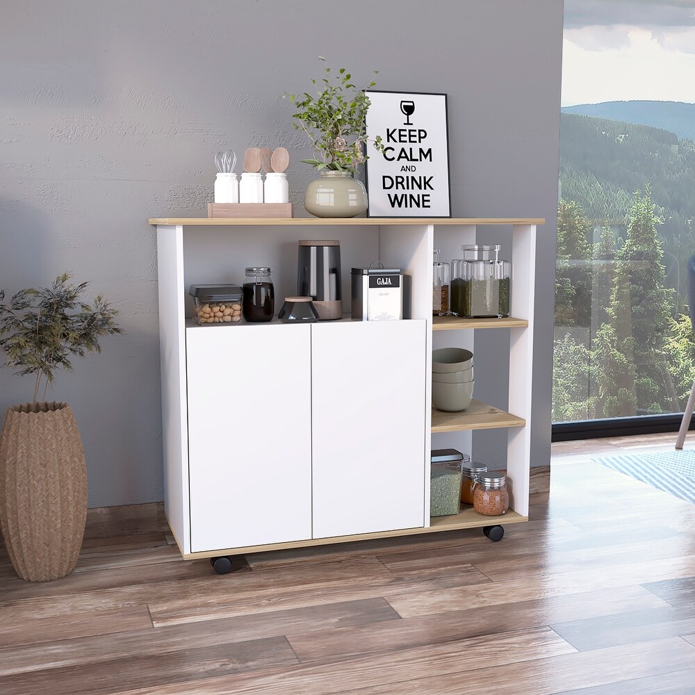 Light Oak Kitchen Island 4 Open Shelves 4 Casters Locking Mechanism   1 Cabinet with 1 Shelves Microwave Cart  White