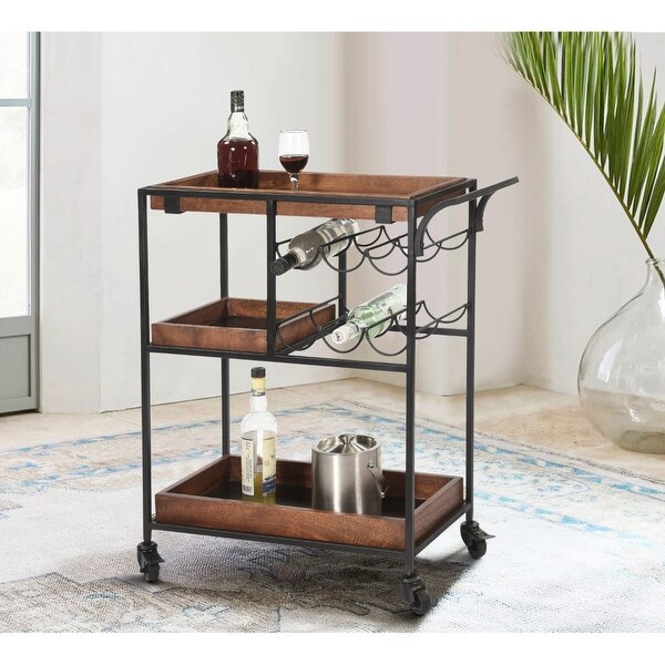 30 Inch Handcrafted Mango Wood Bar Serving Cart with Caster Wheels， 6 Bottle Holders， Tray Shelves，