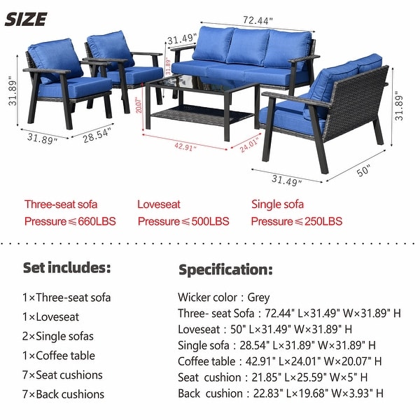 OVIOS 5piece Outdoor Steel Frame Ottoman Wicker Solid Pattern Cushion Sectional Set Glass Top Table