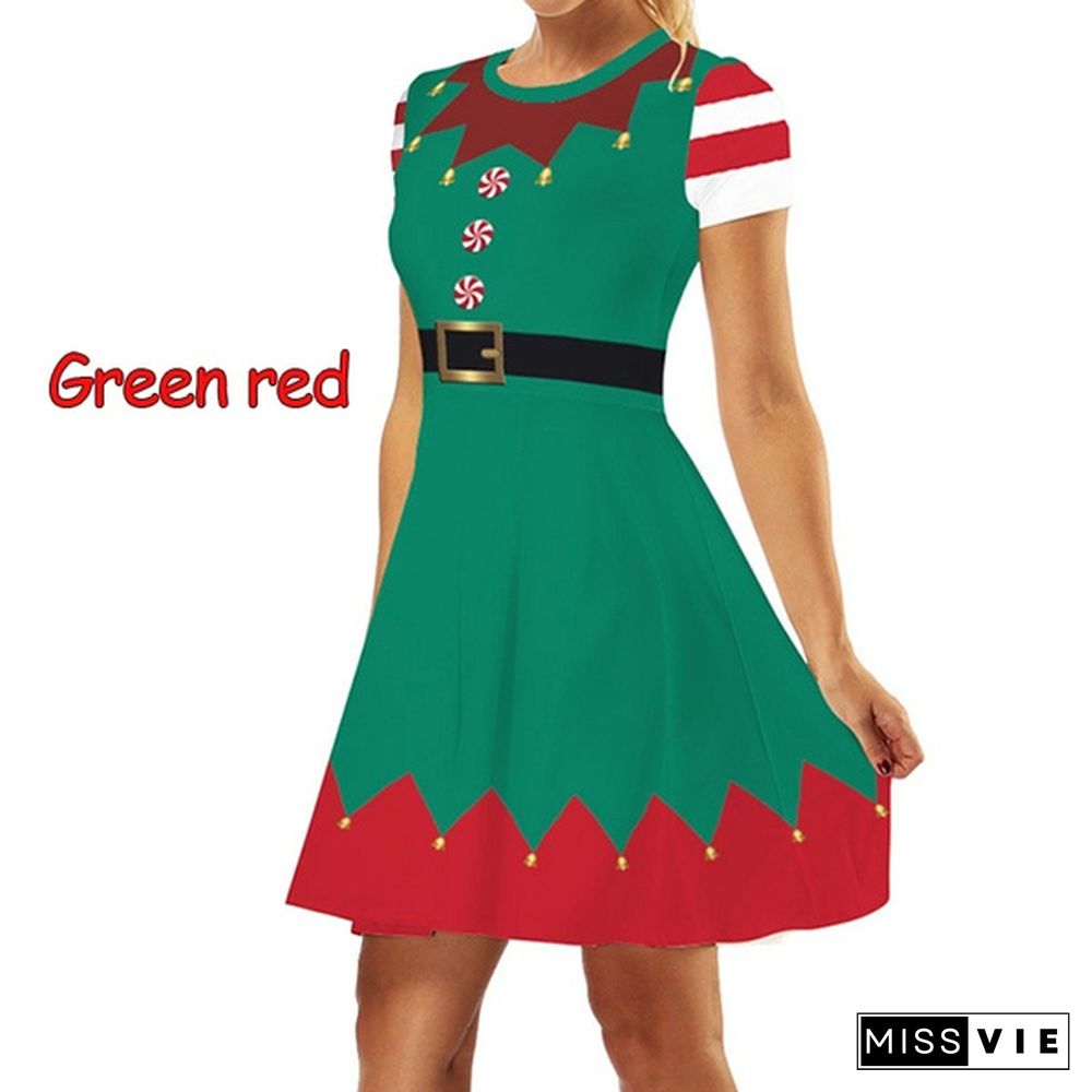 Fashion Christmas Elf Digital Print Women's Short Sleeve Slim Dress