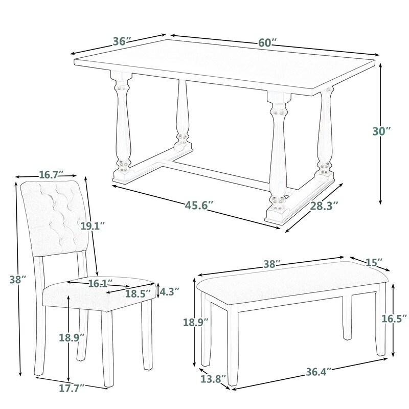 6 Piece Dining Table and Chair Set with Special shaped Legs and Foam covered Seat Backs   Cushions