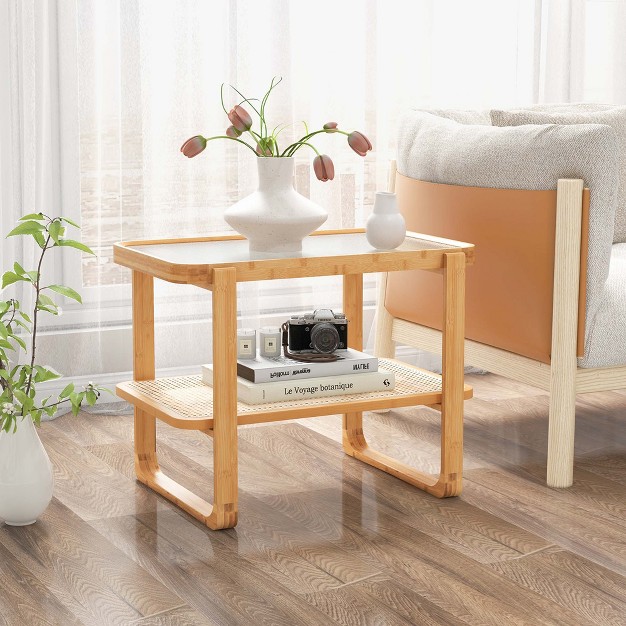 Costway Bamboo Side Table With Rattan Shelf Glass Top Nightstand Small Sofa End Table