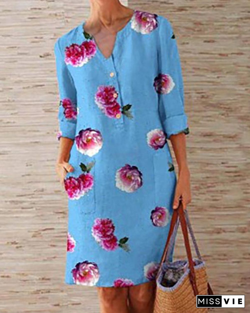 Plus Size Casual Flower Print 1/2 Sleeve Dresses