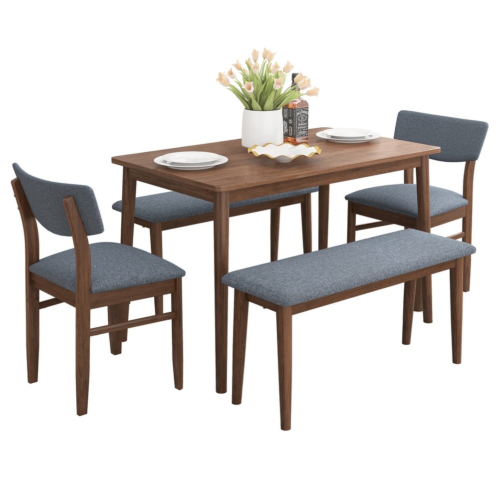 5 Piece Dining Table Set  Wood Rectangular Dining Table with 2 Upholstered Bench   2 Chairs  Dining Set for 6 People  Walnut