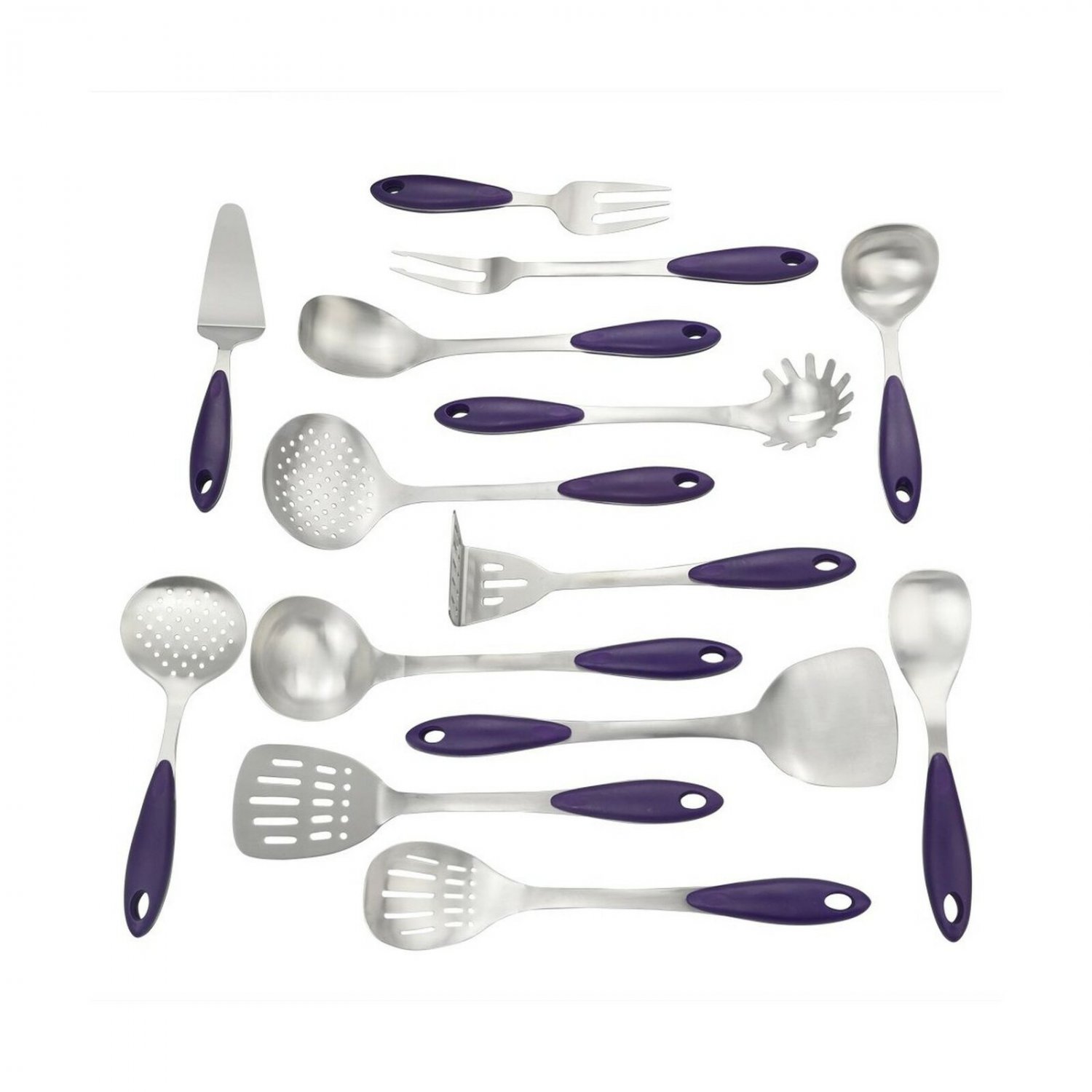 CompleteKitchen Cooking Utensil Set， Stainless Steel Cooking Set with Plastic Grip， Set of 14