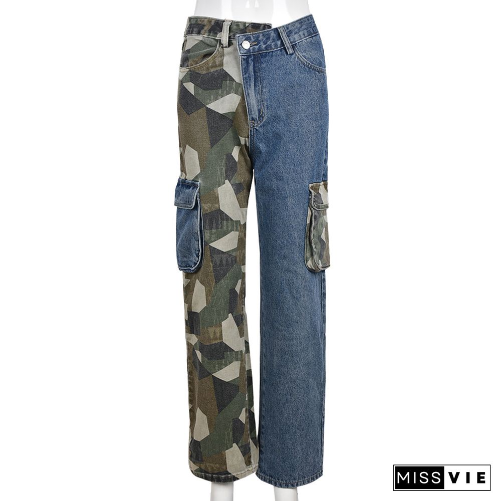 High Waist Patchwork Camouflage Cargo Denim Pants