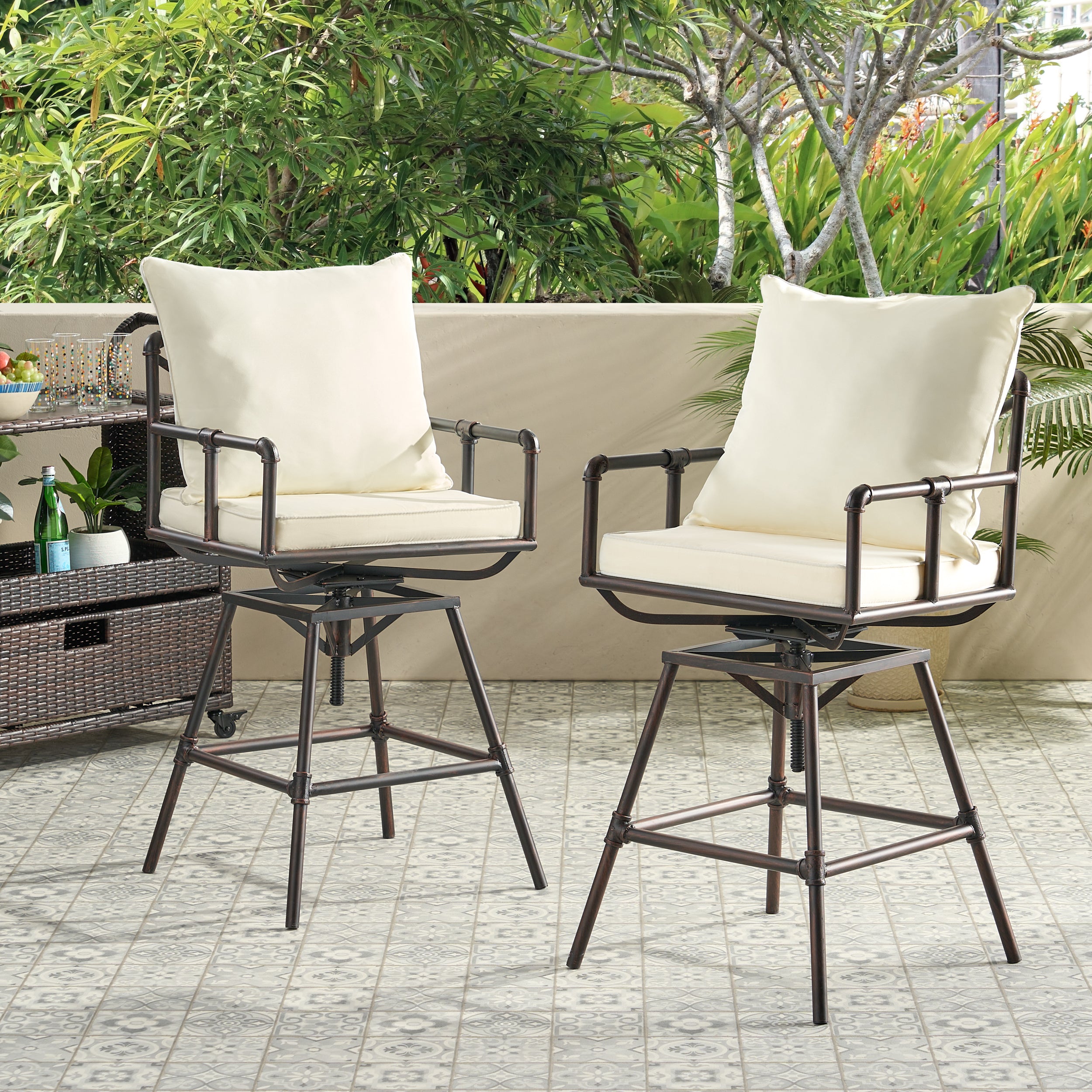 Varick Outdoor Adjustable Pipe Barstools (Set of 2), Black Copper and Beige