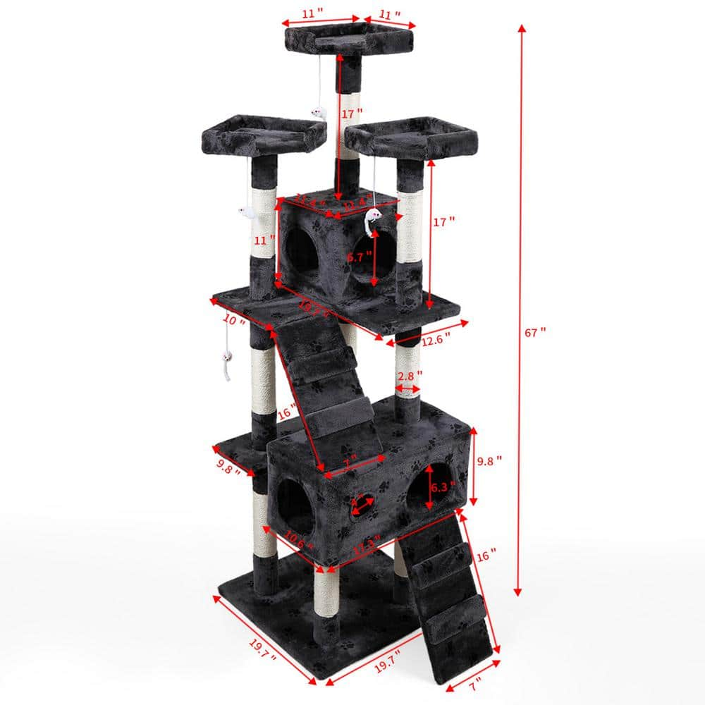 COZIWOW 67 in. Grey with Paw Print Cat Tree Tower Kitten Condo House CW12X0053