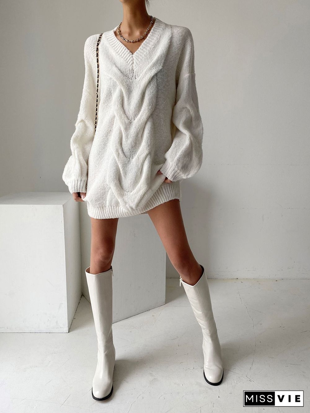 High street v-neck lantern sleeves knitted dress women Casual loose sweater dresses Female solid winter mini vestidos