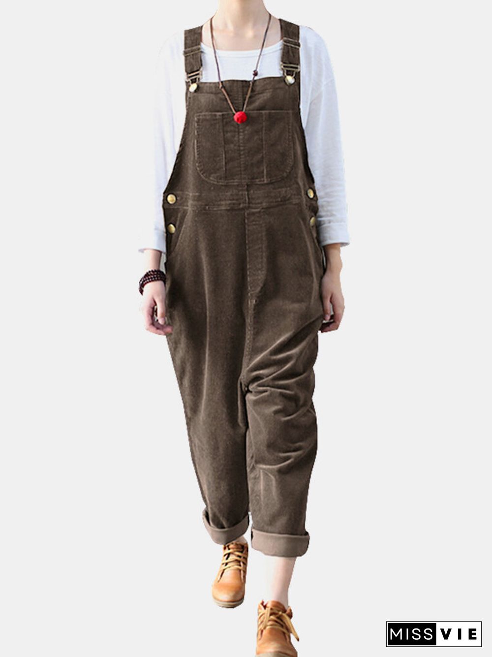 Solid Color Button Pockets Sleeveless Corduroy Jumpsuits