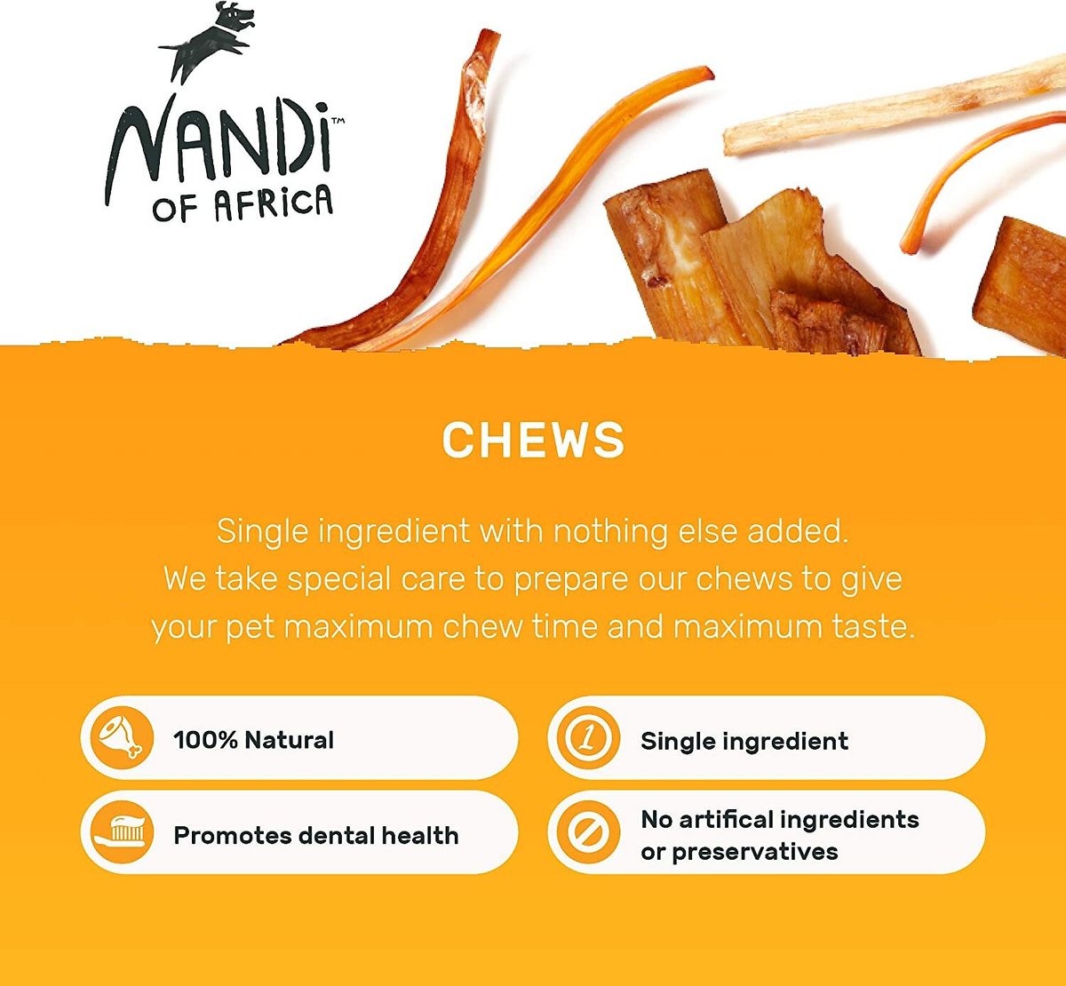 Nandi Nguni Beef Tendon Chews Dog Treats， 3.5-oz bag