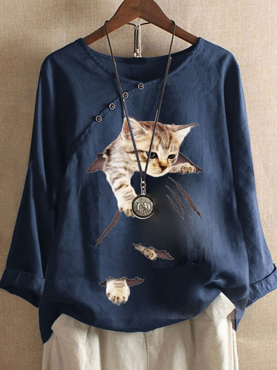 Round Neck Casual Loose Cat Print Long Sleeve Blouse